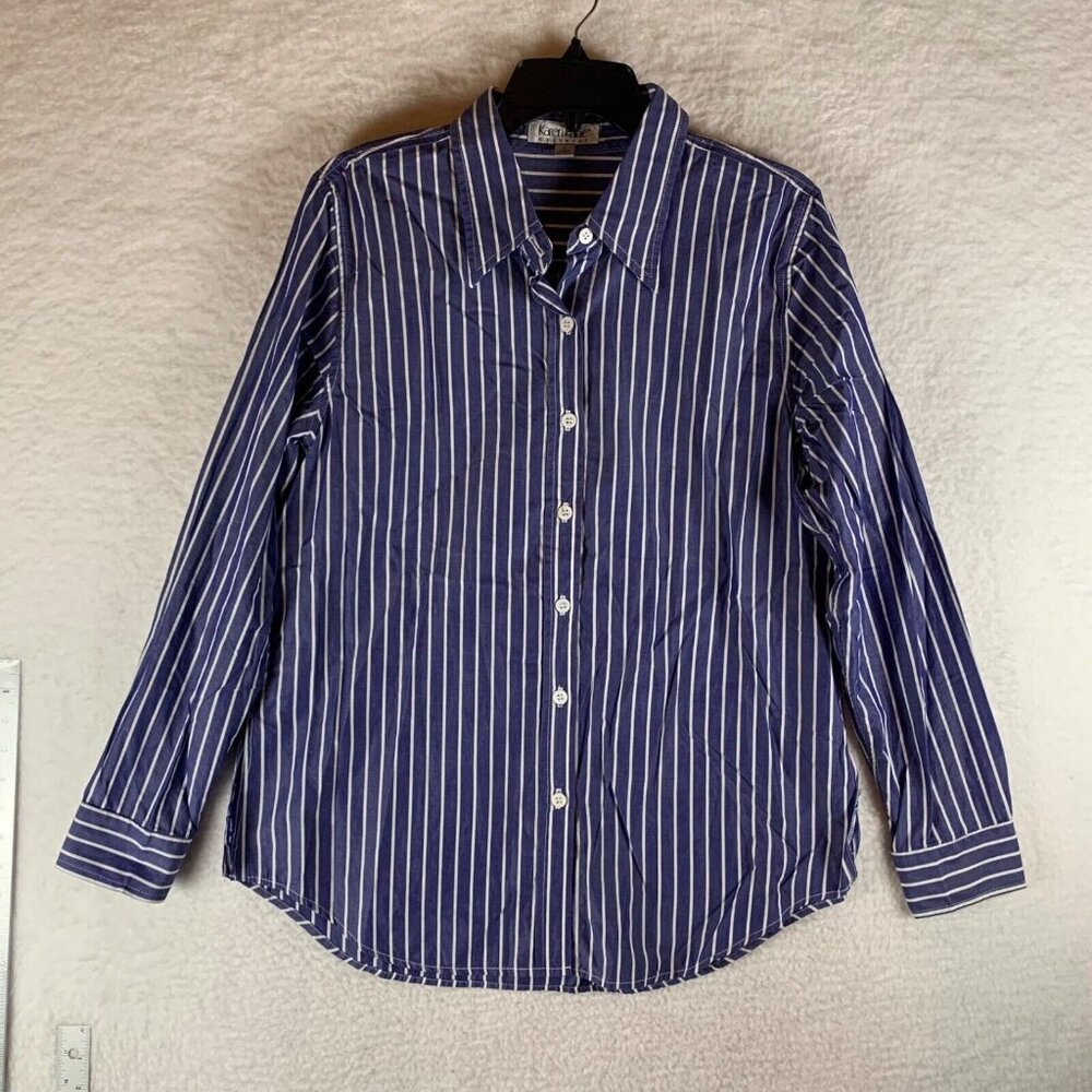 Karen Kane Easywear Women's Blue Striped Long Sleeve Button Up Shirt Size L 9247 - Picture 1 of 7